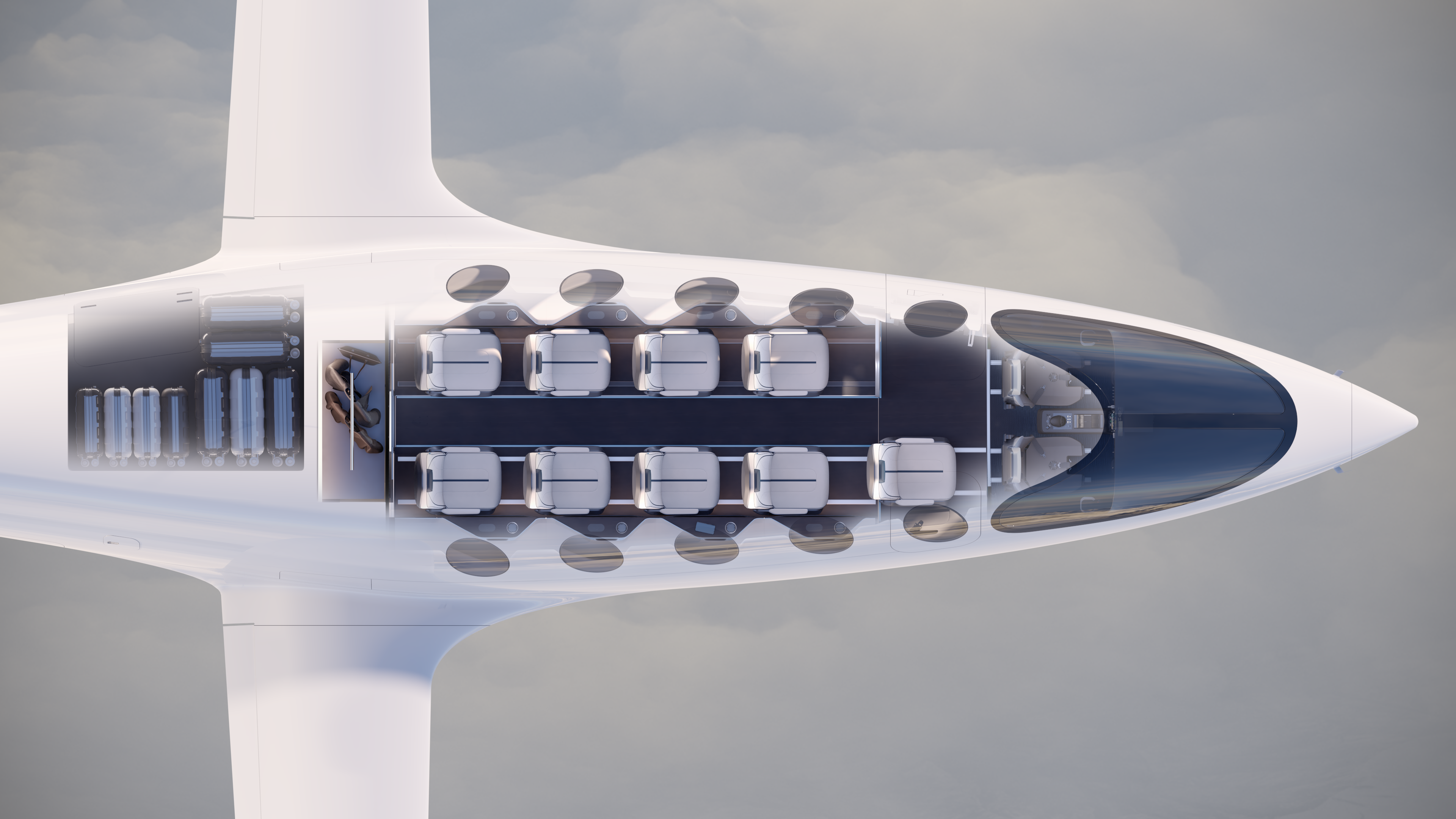 A rendering of Eviation's electric plane, named Alice, pictured from above with a view of the plane's interior