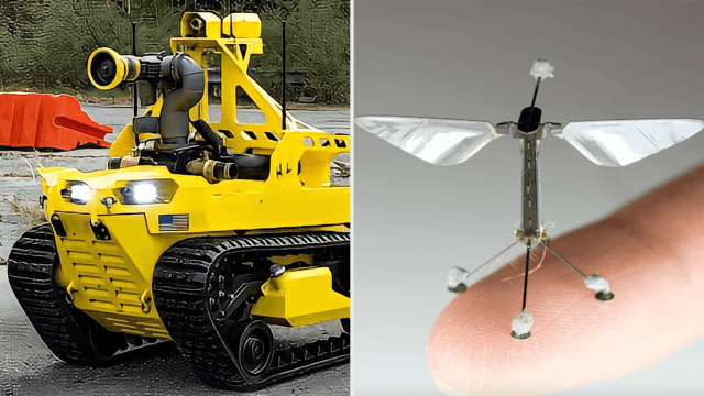 A firefighting robot and a robotic bee.