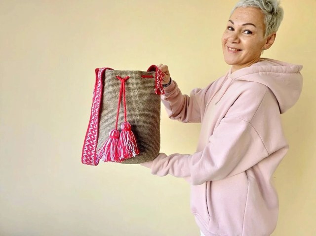 Crocheted bags made from recycled sweaters