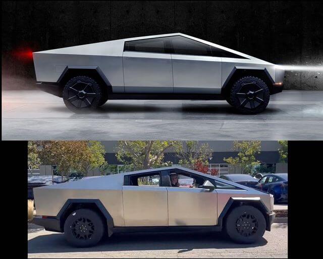 Comparison photo of Tesla Cybertruck vs concept drawing sets internet ablaze