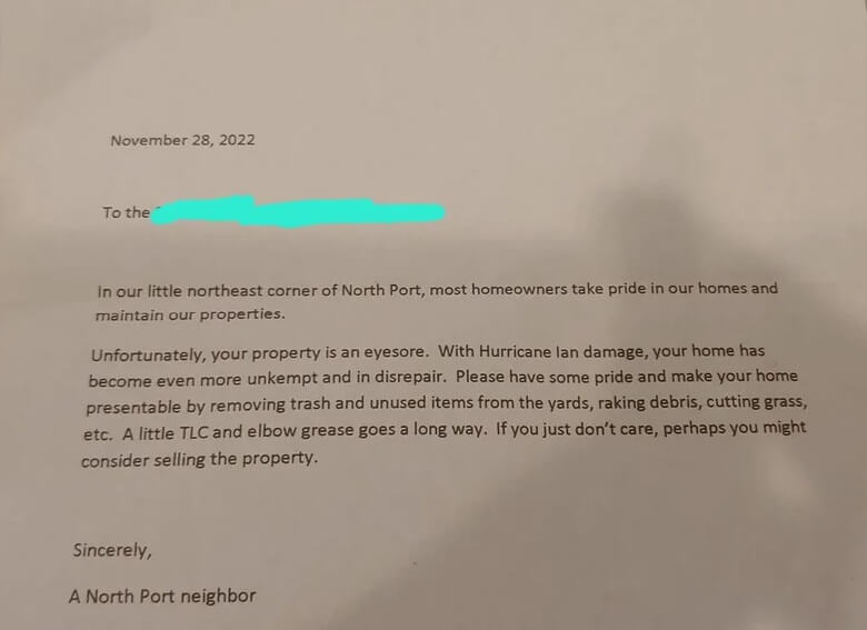 Callous letter received from ‘horrid’ neighbor