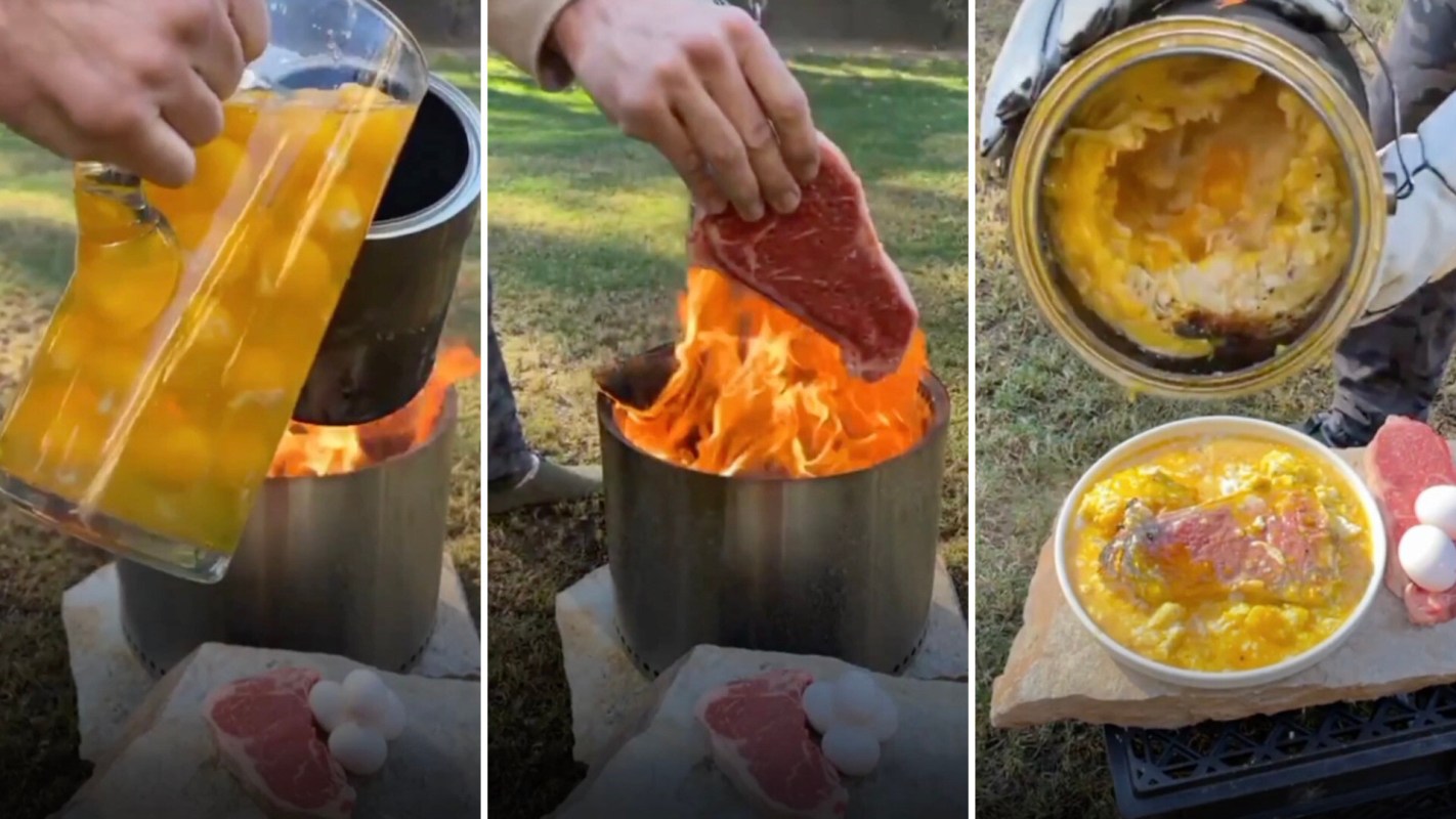 The video starts with someone pouring a huge number of eggs into a seemingly clean paint can.
