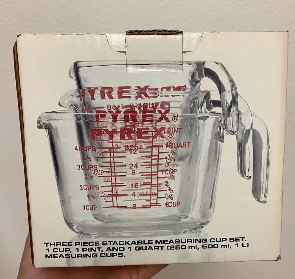 One Reddit user shared their special find of a 1980s Pyrex three-piece glass set.