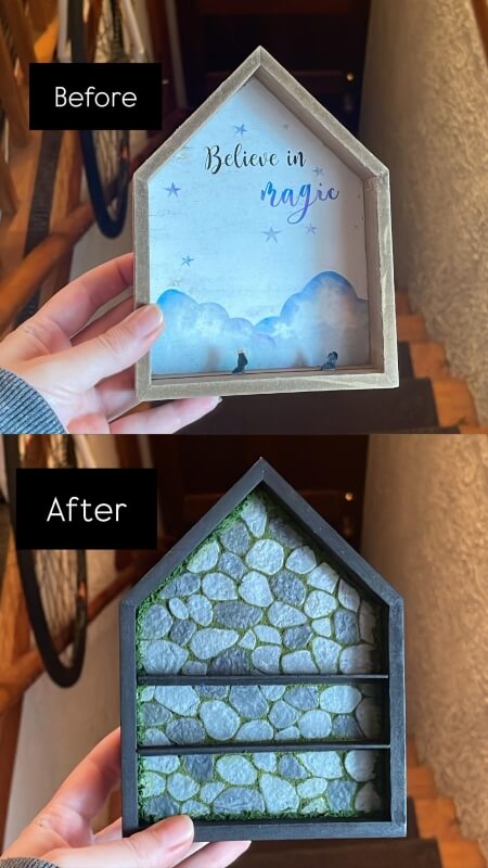 One Redditor demonstrated a classic upcycling hack by turning a shadowbox into a rock and trinket shelf.