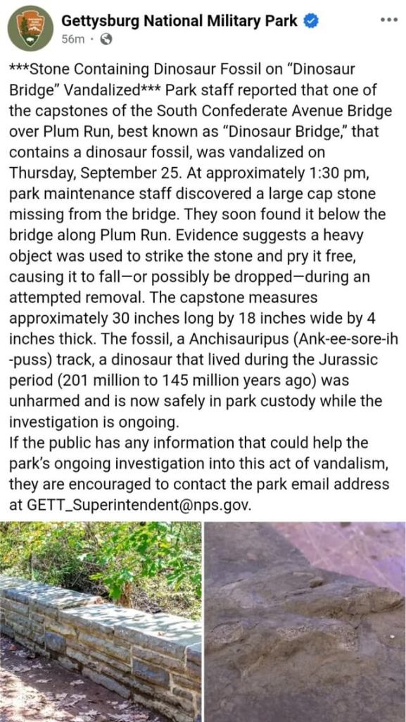 A disturbed local shared a troubling news story on the vandalism of a fossil at Gettysburg's National Military Park.