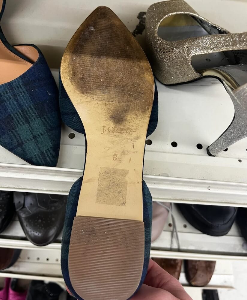 One Redditor shared their frustrating experience with a thrift store's pricing heavily scuffed-up J Crew shoes at $24.99.
