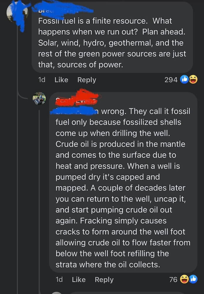 A screenshot from Facebook posted on Reddit showed someone who confidently — and incorrectly — tried to explain where petroleum comes from.