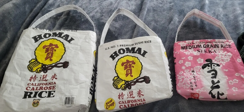 One Redditor found a brilliant way to repurpose rice bags into reusable shopping bags.