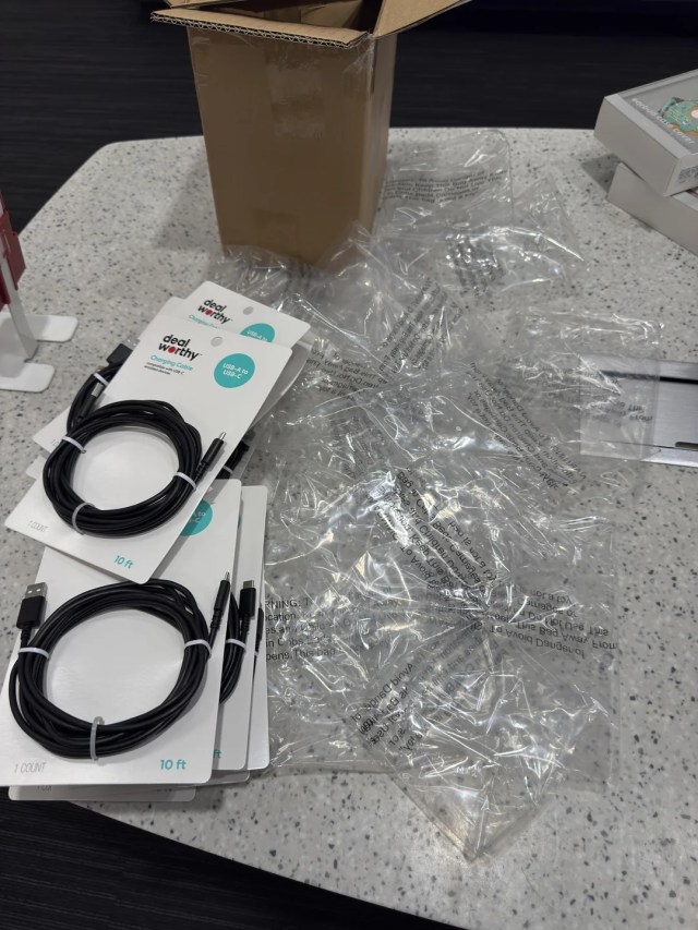 A Target shopper's online order arrived with a packaging problem. Two USB charging cables came wrapped in extreme excess plastic.