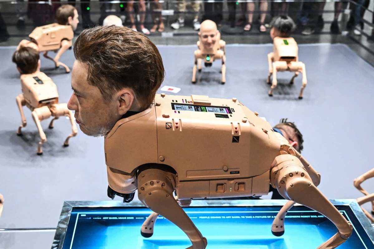 A digital artist is creating an installation featuring a robot dog with the face of Elon Musk.