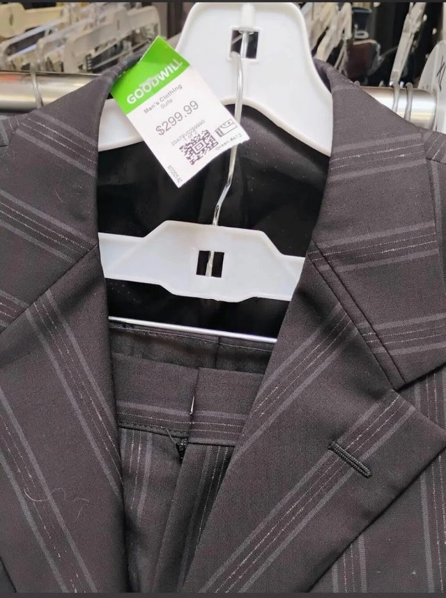 A shopper was floored to stumble upon a secondhand suit listed for $299.99 at their local Goodwill.
