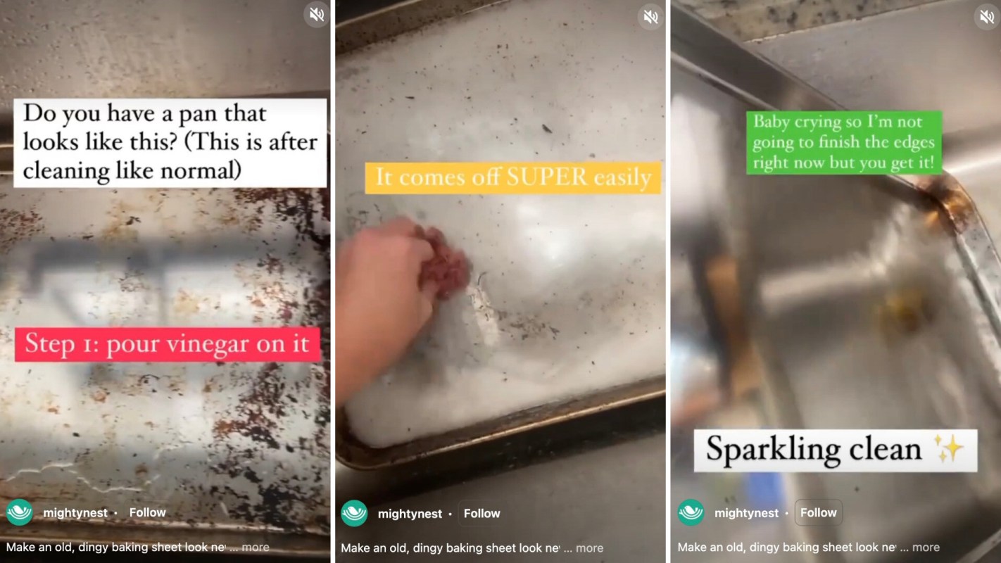 Instagrammer Amanda Acuna showed a method using baking soda, white vinegar, and hot water to take on a grime-laden, stainless steel baking pan in a video.