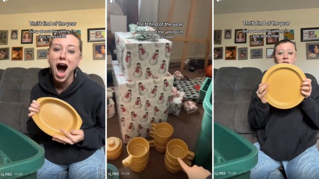 One TikToker shared a fantastic thrifting moment, revealing a massive haul of matching yellow ceramic dishware purchased for just $35.
