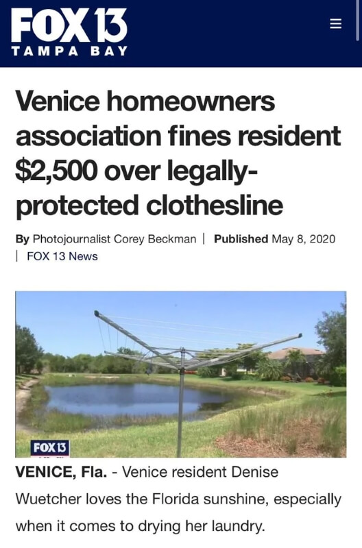 One Florida homeowner faced a huge fine from her HOA for installing a clothesline in her backyard.