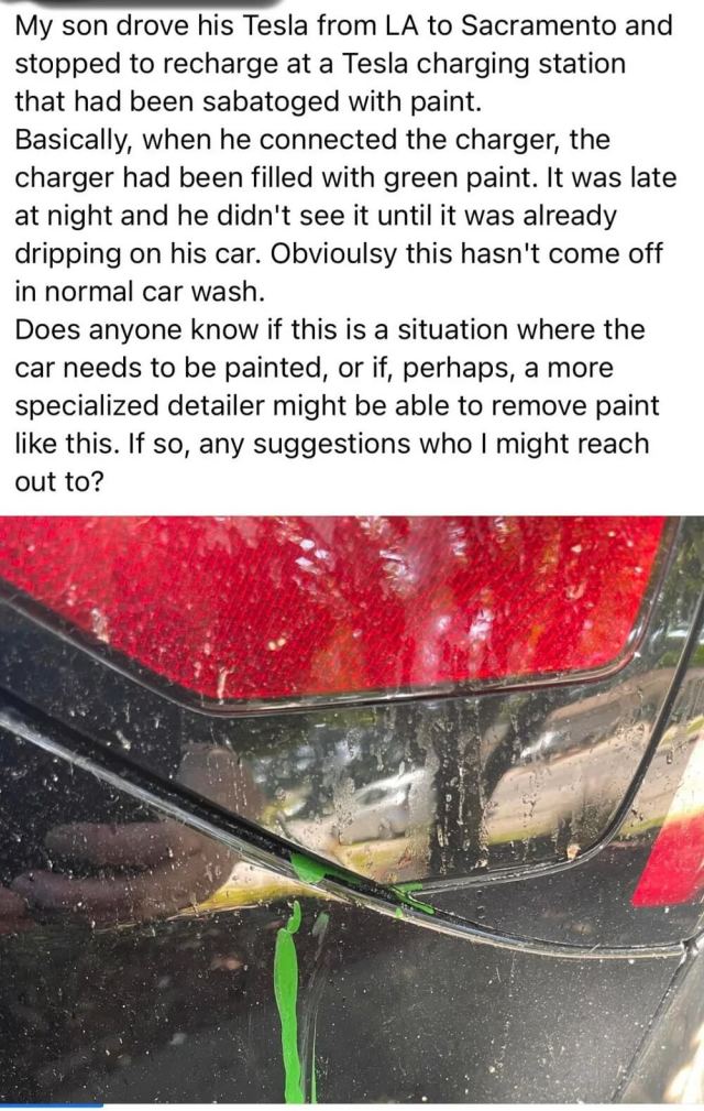A Tesla owner warned their fellow drivers of an alarming instance of vandalism at a charging station.