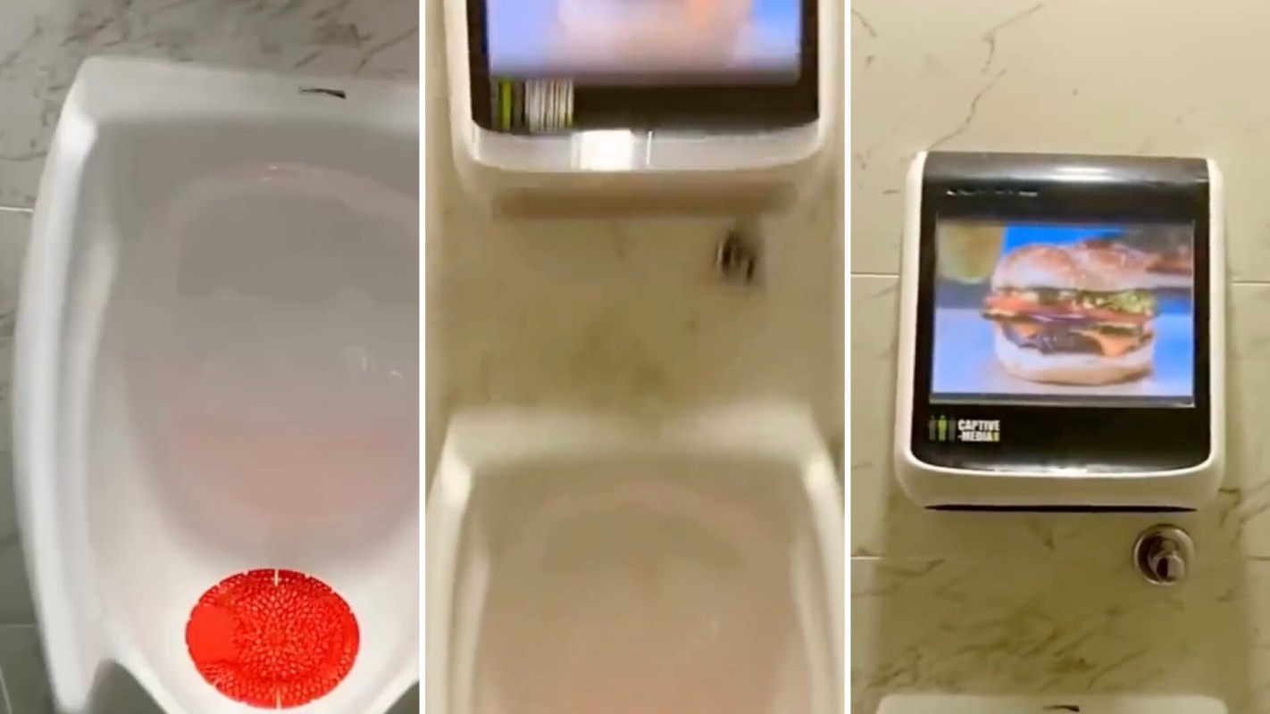 One person shared their latest experience encountering an unfortunate ad while in a public restroom and posted it to the r/LateStageCapitalism subreddit.