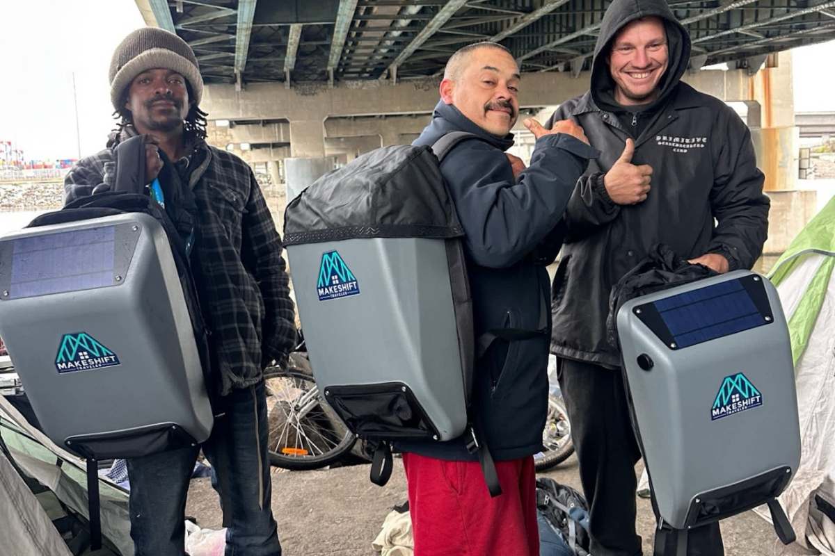A college student designed a solar-powered backpack to provide homeless individuals with shelter, power, and basic supplies.