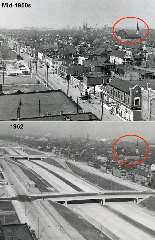 A Reddit post highlighted what Detroit lost after a centrally located roadway was carved out in the 1950s.