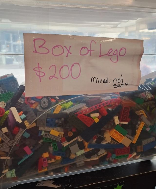 One thrift-store shopper was shocked to see a ridiculously high price tag on a box of use Lego pieces.