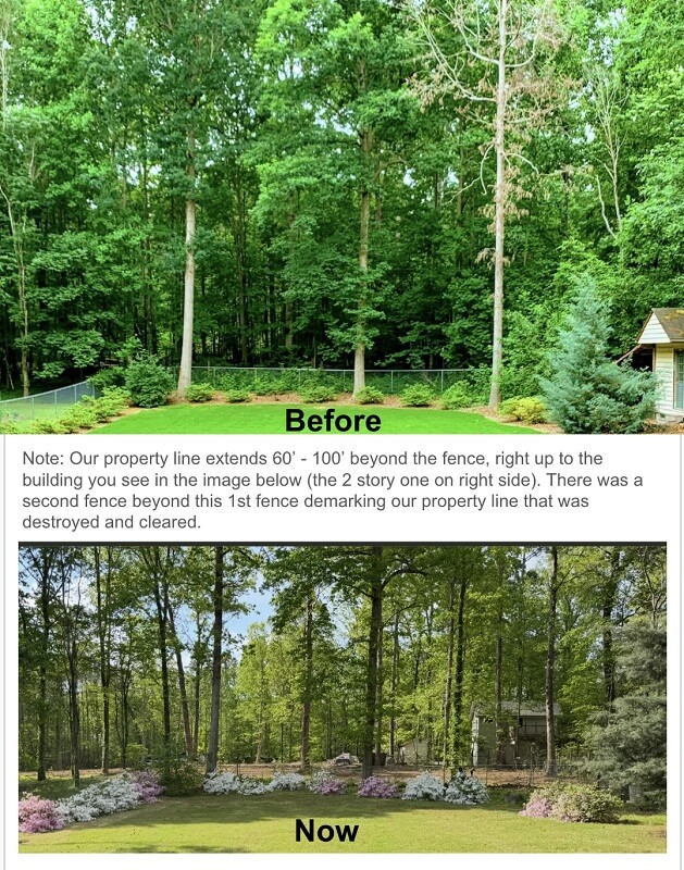 A North Carolina homeowner shared a shocking neighbor dispute on Reddit after their neighbor had trees cut down on their property.