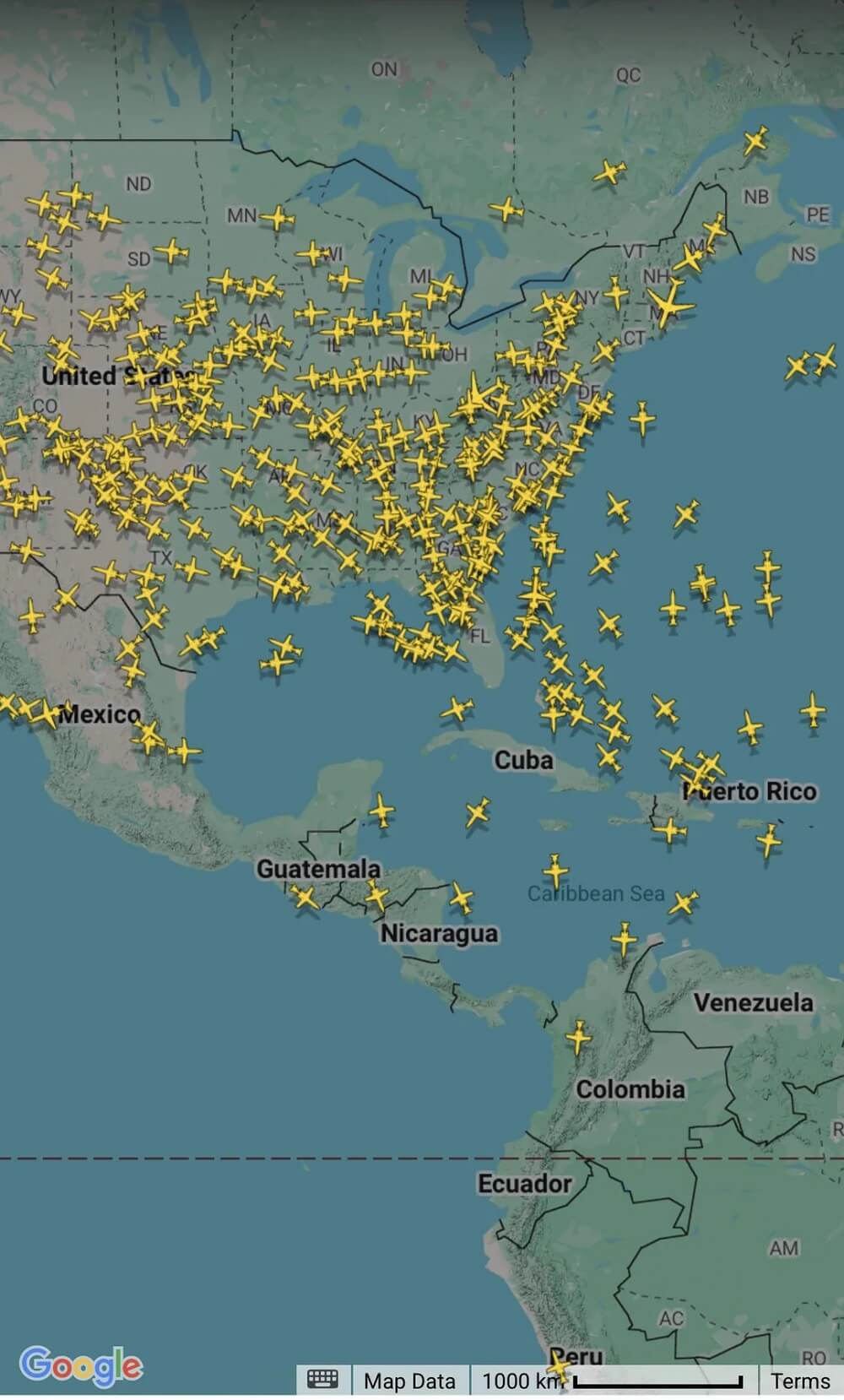 One Redditor shared a snapshot of satellite data in the r/flightradar24 subreddit of just how many private planes are flying across the country.