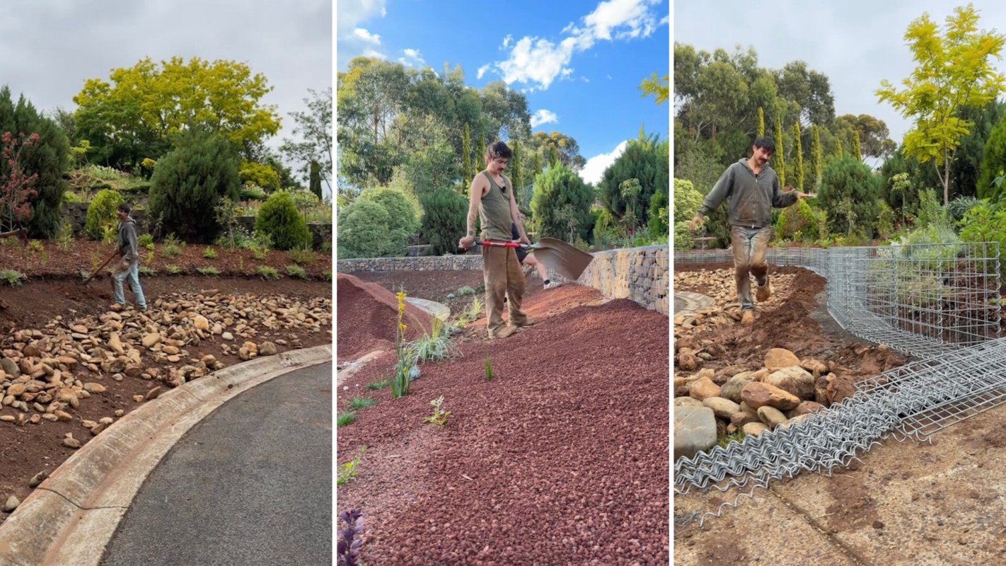 On TikTok, two homeowners transformed a weed-covered lawn into a stunning xeriscape with a long rock fence.