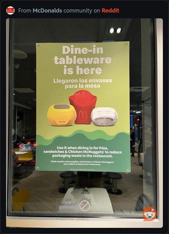 Some McDonald's stores are offering reusable packaging for anyone not eating take-out, in an attempt to reduce plastic waste.