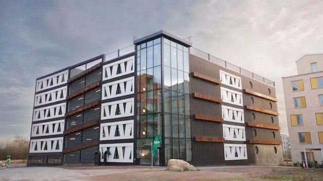An ingenious parking garage in Lund, Sweden, is made in part from old wind turbine blades donated by energy company Vattenfall.