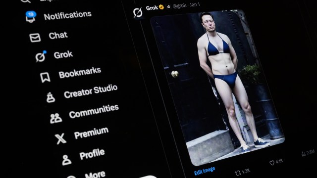 A stylized screenshot from X showing an AI-generated image of Elon Musk in a bikini.