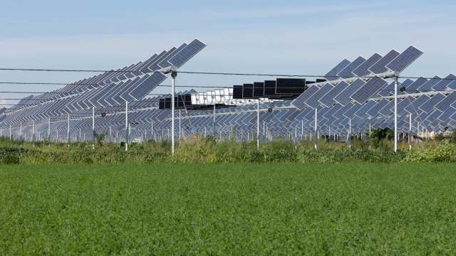 A field of solar panels is set against a backdrop of green grass on a farm and blue sky.