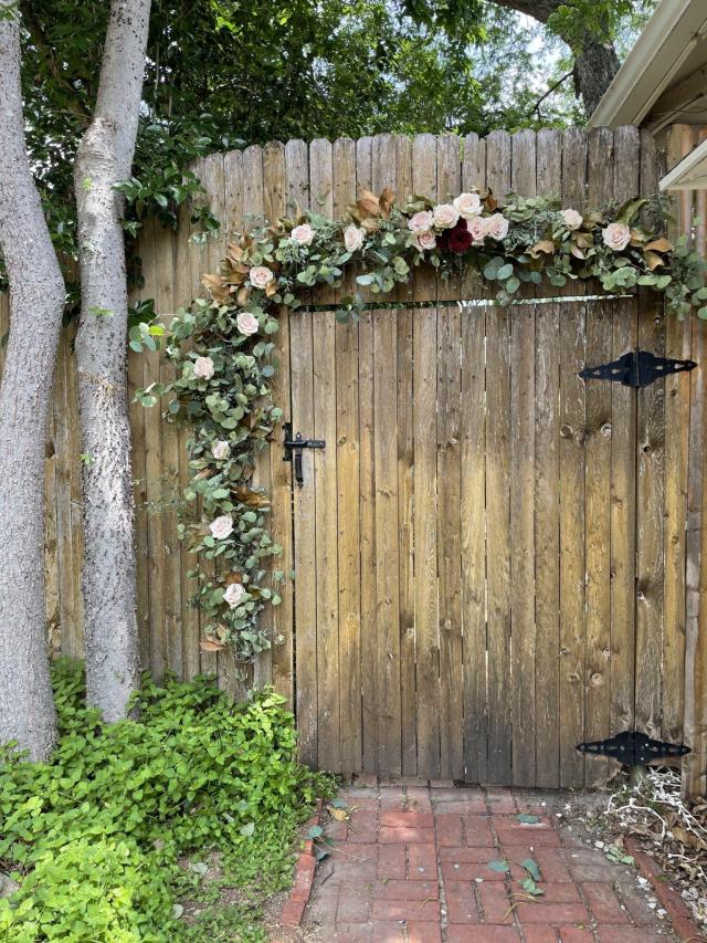 A more full view of the two trees and wooden garden fence.
