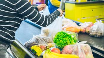 A person puts fruits and vegetables in produce bags on a checkout conveyor belt.