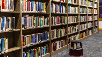 A library shelf filled with various books and a small black and red stool placed in front.