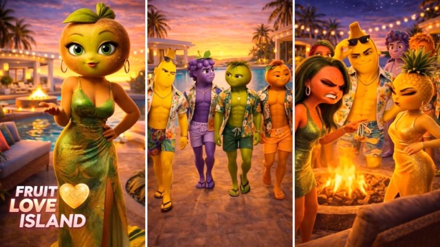 Scenes from Fruit Love Island of animated people with fruit heads.