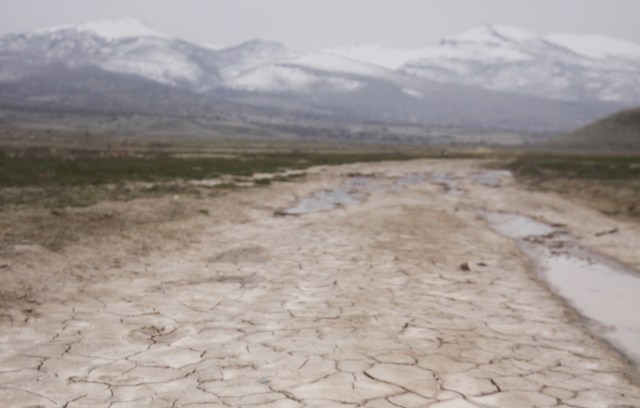A dry, cracked landscape stretches toward snow-capped mountains under an overcast sky.