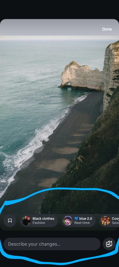 An Instagram story showing a beach, a cliff, and water, with a "Describe your changes" row circled at the bottom.