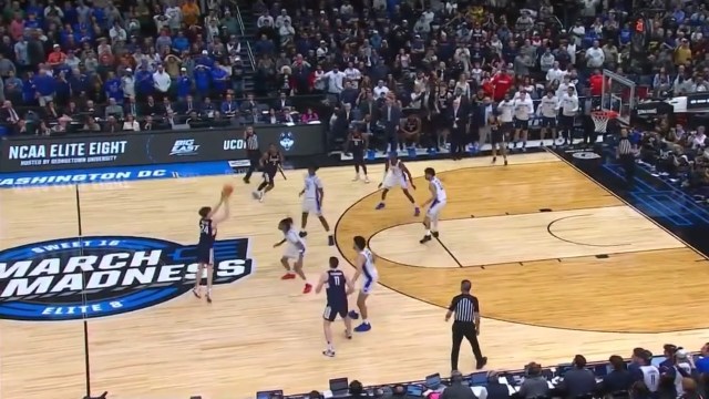 UConn's Braylon Mullins releases a successful shot that beat Duke in the NCAA men's basketball tournament.