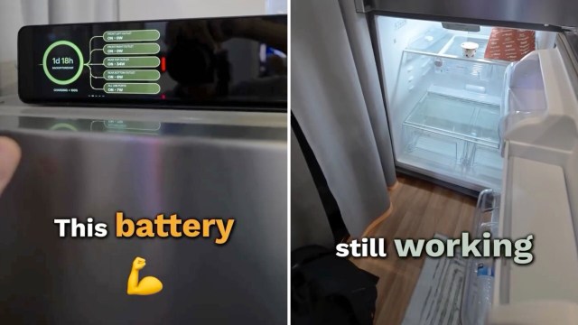 A view of a refrigerator’s interior alongside a battery status display showing remaining power.