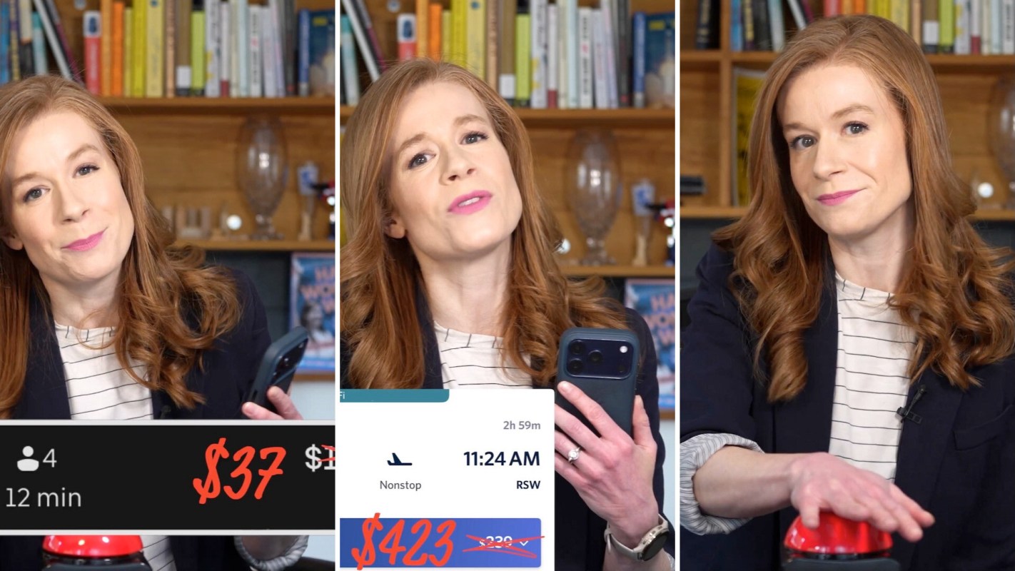 A woman with red hair discusses a mobile app while showing flight pricing information on her phone.