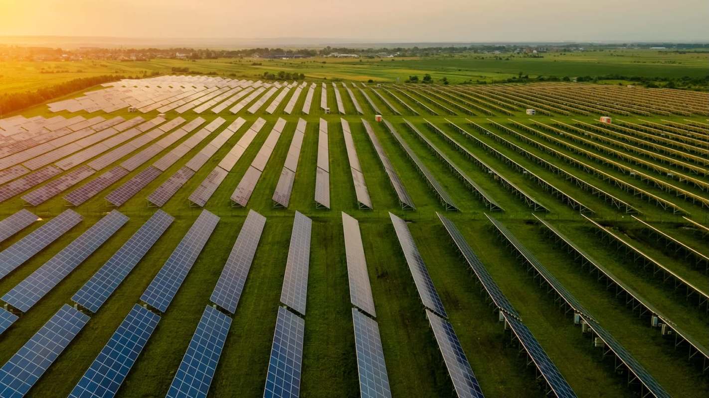 Aerial view of a vast solar panel farm set in a green landscape during sunset.