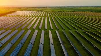 Aerial view of a vast solar panel farm set in a green landscape during sunset.