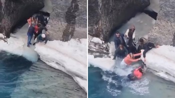 A group of tourists in Yoho National Park, British Columbia, took an unexpected karmic cold plunge after falling off an ice sheet they should not have been standing on.