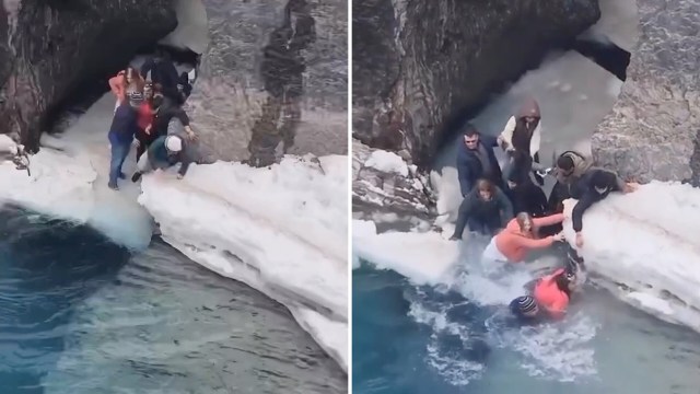 A group of tourists in Yoho National Park, British Columbia, took an unexpected karmic cold plunge after falling off an ice sheet they should not have been standing on.