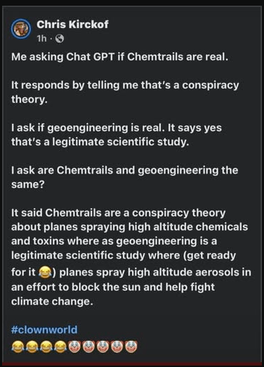 A Facebook post about how ChatGPT supported a widely debunked conspiracy theory about airplanes emitting so-called chemtrails.