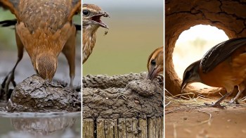 A collage showing birds constructing a nest with mud in various stages of nesting behavior.