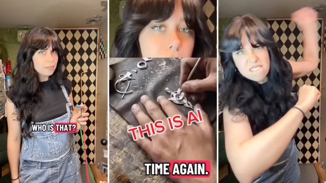 A woman in a black top and denim overalls holds a tool, questioning AI while showing metalwork in progress.