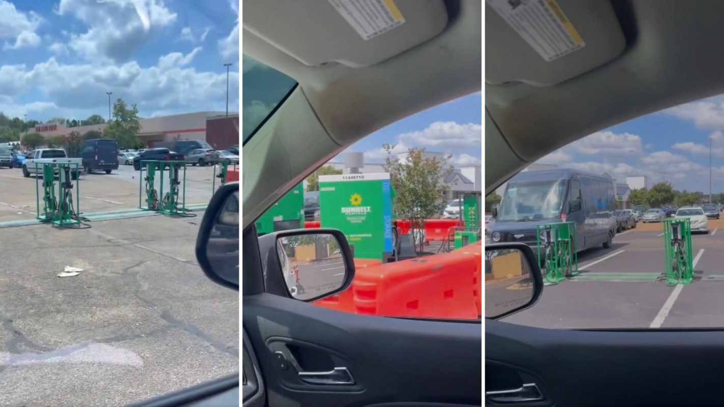 Three stills from a video about Amazon charging EVs with diesel generators.