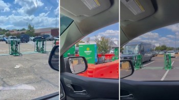 Three stills from a video about Amazon charging EVs with diesel generators.