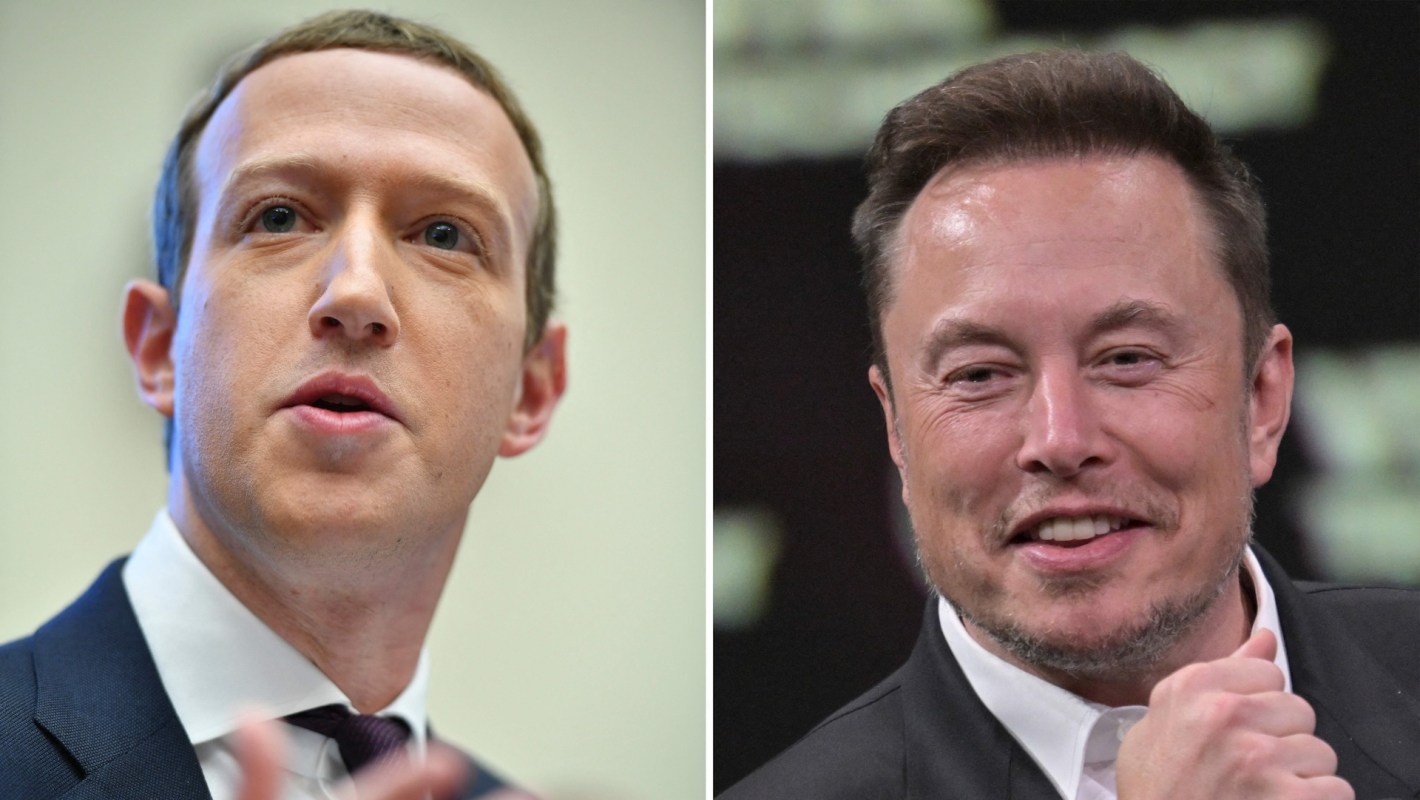 A split image featuring a close-up of a serious Mark Zuckerberg and a smiling Elon Musk.