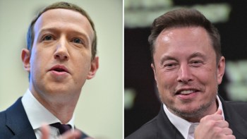 A split image featuring a close-up of a serious Mark Zuckerberg and a smiling Elon Musk.